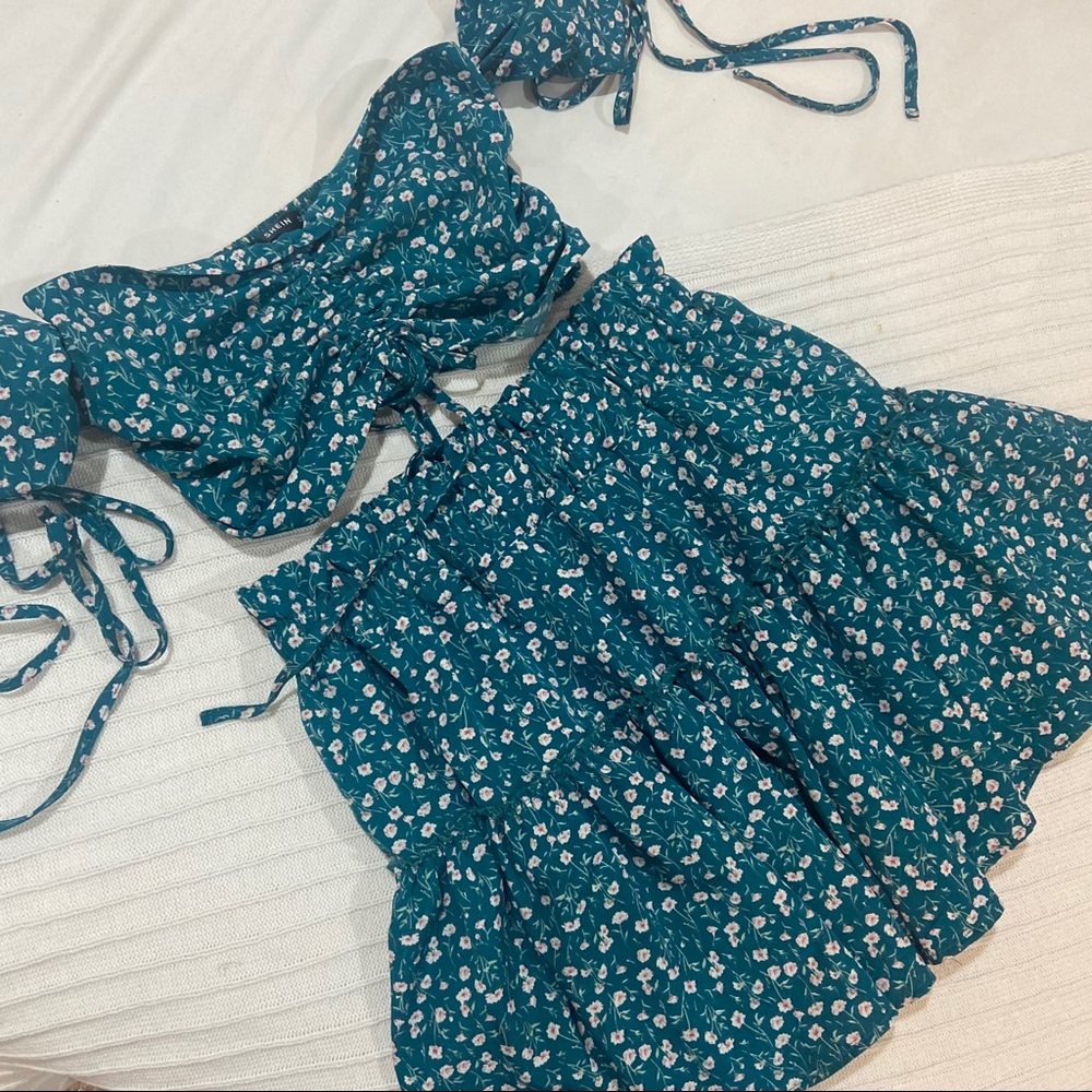 Teal floral two piece skirt set